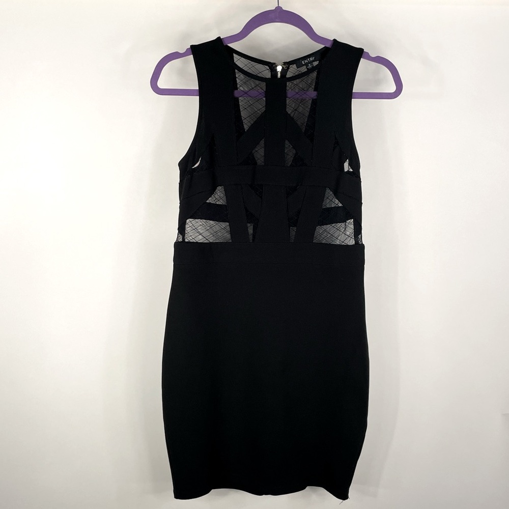 ENTRY - Black Mini Dress with Sheer Geometric Detail (Medium)